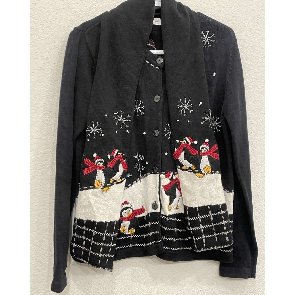 Vintage Christmas Embroidered Cardigan Sweater‎ & Scarf Medium 8-10 Penguins